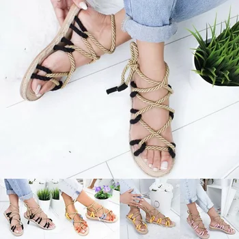 

Dihope Casuals Hemp Rope Women Lace Up Shoes Zapatos De Mujer Sandals Boho Sandals Woman Cross Tied Sandals