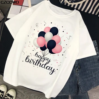 

Happy Birthday Letter Harajuku T Shirt Women Kawaii Balloons Print T-shirt Vogue Casual Plus Size Tshirt Fashion Top Tees Female