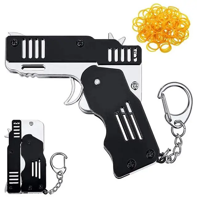 Zinc Alloy Folding Rubber Band Gun a Key Ring Pistola Kids Gift Toy Six Bursts Of Rubber Toys Game Outdoor Activities Tools 2