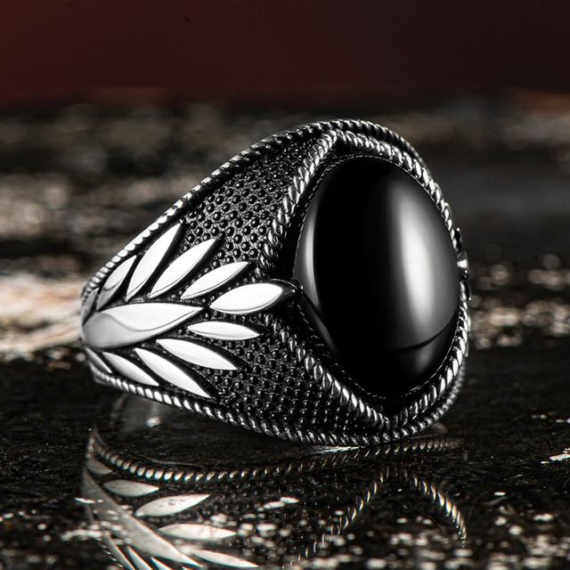 Silver Color Turkish Handmade Engraving Pattern Men's Ring Inlaid Big Blue Zircon Ring Gothic Punk Ring Muslim Jewelry