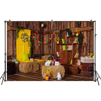 

Photography Background Spring Flowers Easter Eggs Wooden Planks Haystack Baby Easter Backdrop for Photo Studio W-4270