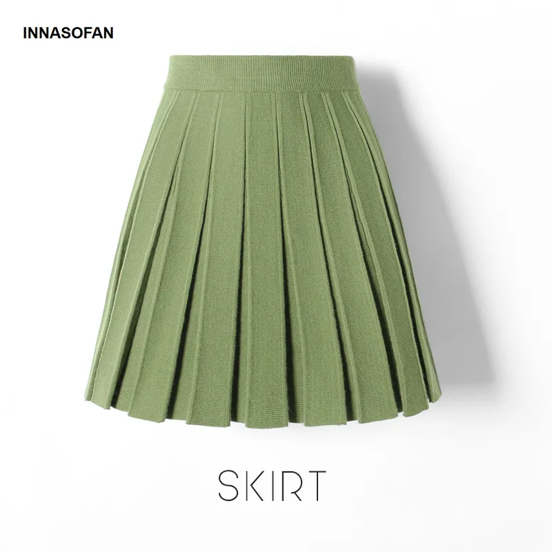 

INNASOFAN Mini Knitted Skirt Women Autumn Winter High Waist Skirt Fashion High-end Chic Pleated Solid Color Skirt