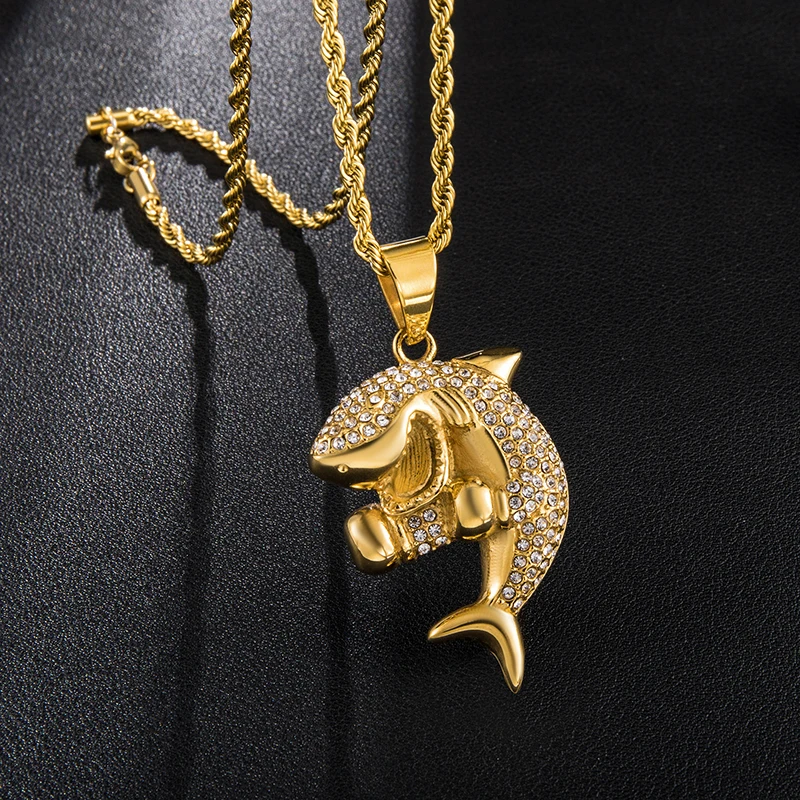 US7 Iced Out Bling в форме акулы кулон ожерелье из нержавеющей стали горный хрусталь ожерелье s& Подвески для мужчин хип хоп ювелирные изделия подарок