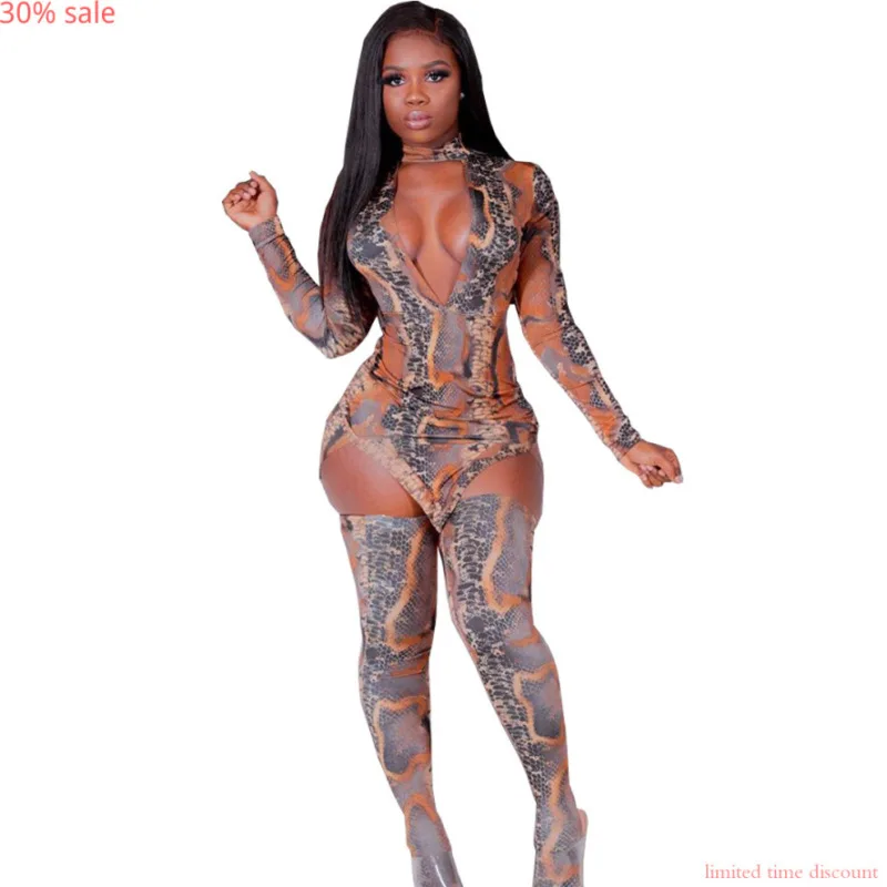2019 New Arrival Snake Print Dress Full Sleeve Sexy Night Club Party Dresses Womens Fall Fashion Vestito Snake Pantyhose Sockes