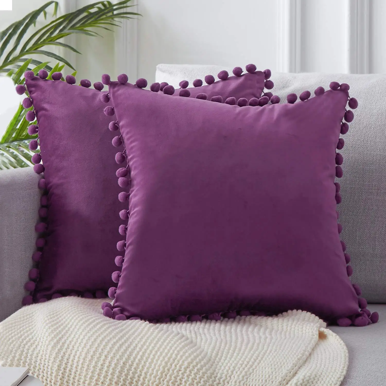 Velvet Decorative Cushion with Ball Home Decor Sofa Pillowcase  Pure Color Drop Ball Plush Car Home Office Throw Pillowcase 