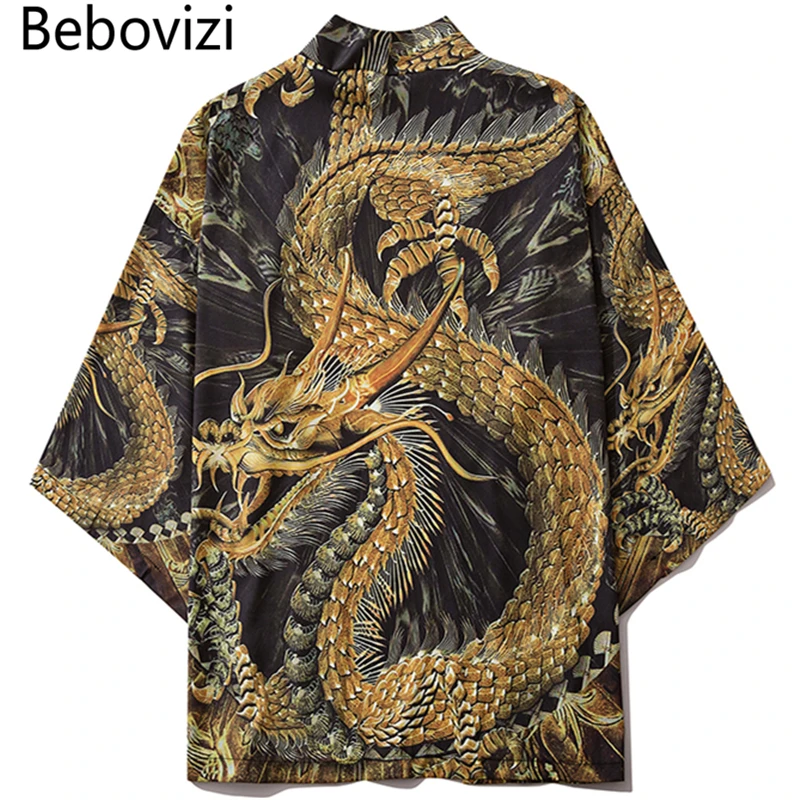 

Bebovizi Harajuku Chinese Golden Dragon Kimono Men Women Japanese Streetwear Traditional Cardigan Yukata Male Haori Obi Clothes