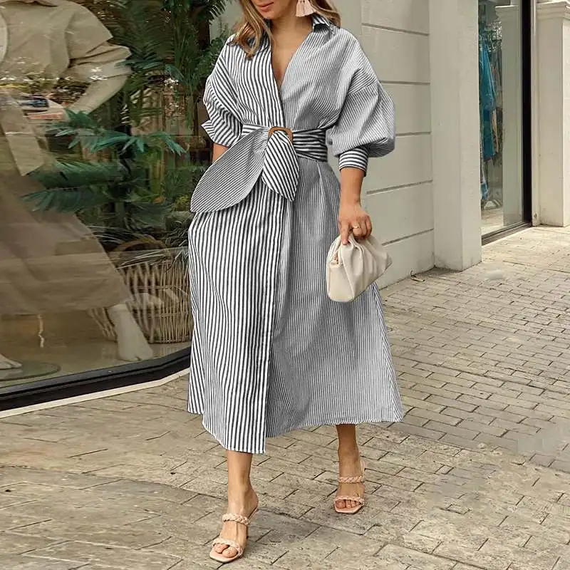 Striped Shirt Dress 2021 VONDA Women Vintage 3/4 Sleeve Lapel Neck Belted Dress Holiday Party Striped Long Vestidos Oversized Striped Shirt Dress 2021 VONDA Women Vintage 3/4 Sleeve Lapel Neck Belted Dress Holiday Party Striped Long Vestidos Oversized