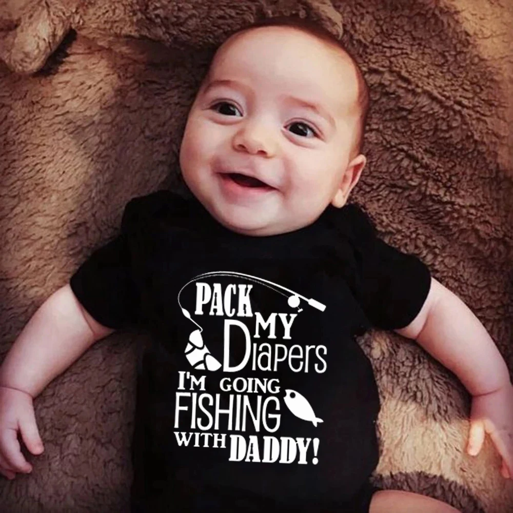 

Pack My Diapers I Am Going Fishing with Daddy Print Baby Romper Unisex Cotton Short Sleeve Newborn Baby Clothes Jumpsuit Infants