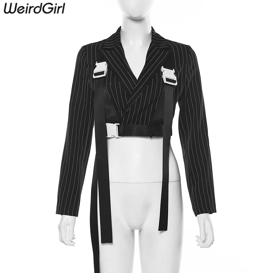Weirdgirl/женское повседневное пальто, куртка в полоску с длинными рукавами и пуговицами, укороченный топ с отложным воротником, модная женская верхняя одежда, Новинка осени