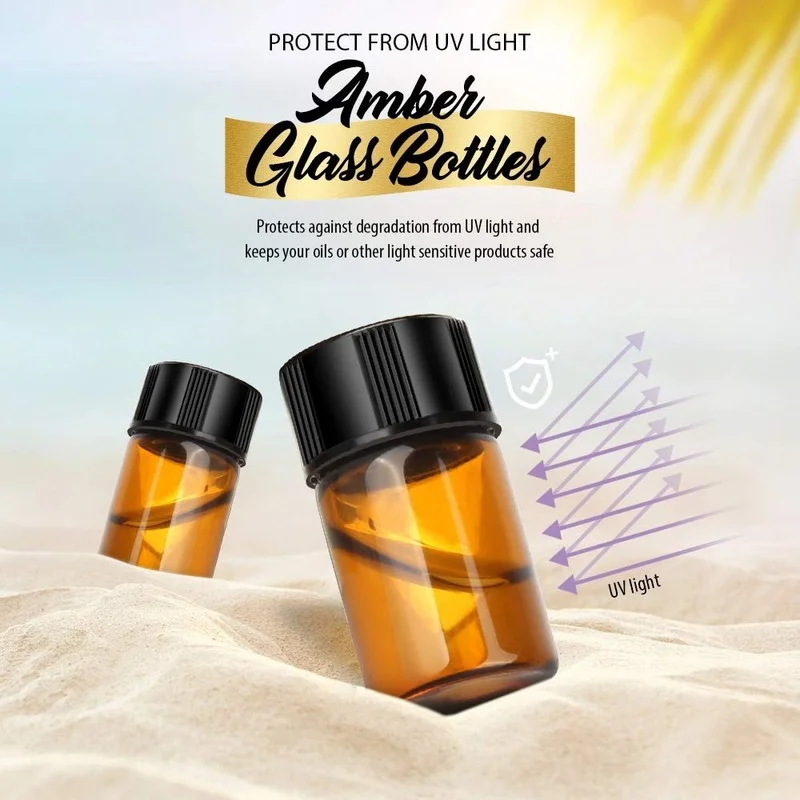 2ml (5/8 dram) Amber Essential Oil Bottles, Mini Amber Sample Vial Glass Bottle with 50 Black Caps, 50 Inner Covers