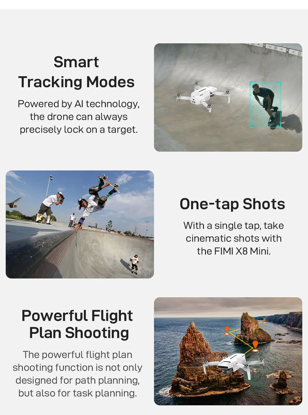 FIMI x8 Mini Drone, the powerful flight plan shooting function is not only designed for path planning; but also for task planning