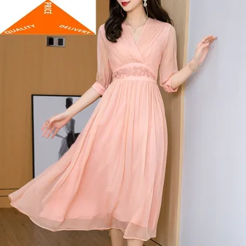 

Sexy Vneck Summer Real Silk Dress Women Long Elegant Ladies Vestido Female Embroidery Evening Party Dresses Ropa Mujer 09