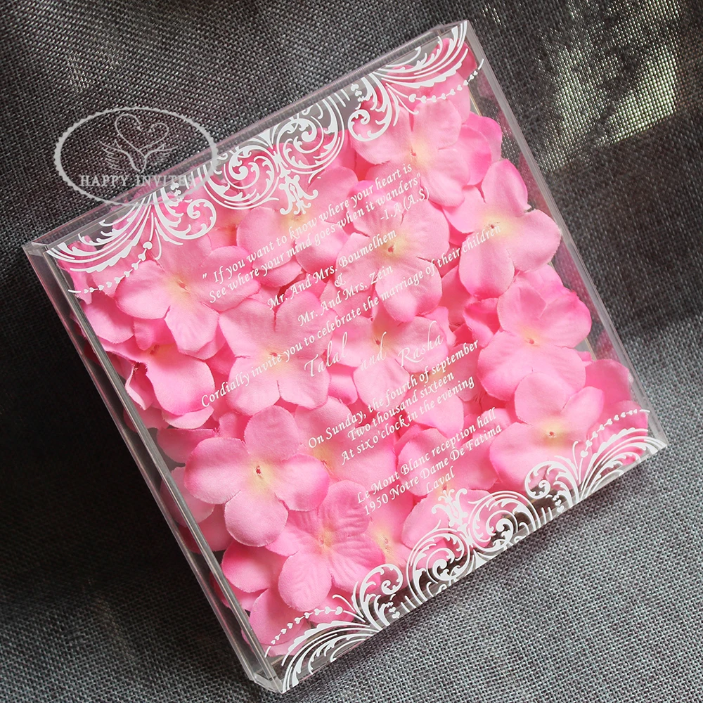 HI4081-07 Fantastic Clear Acrylic Box Invitation with Pink Flowers Decorations with White Writing Factory Price Made in China