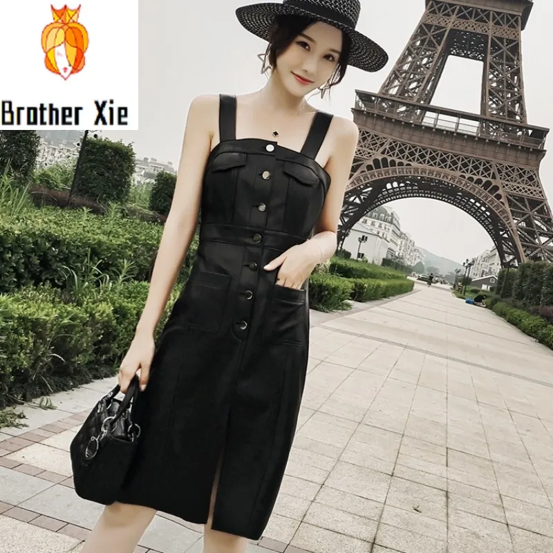 

Fashion Runway Women Autumn Spring Black Genuine Leather Real Sheepskin High Waist Strap Slim Elegant Single Breasted Dress
