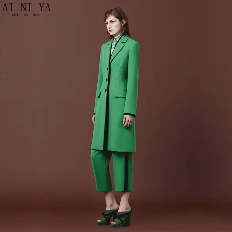 

Green Women Pant Suits Autumn Elegant Formal Office Uniform Style Slim 2 Piece Set Blazer Female Long Jacket Ladies Trouser Suit