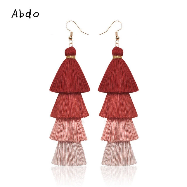 Boho 4 Многослойные красные серьги с кисточками для женщин Висячие Модные