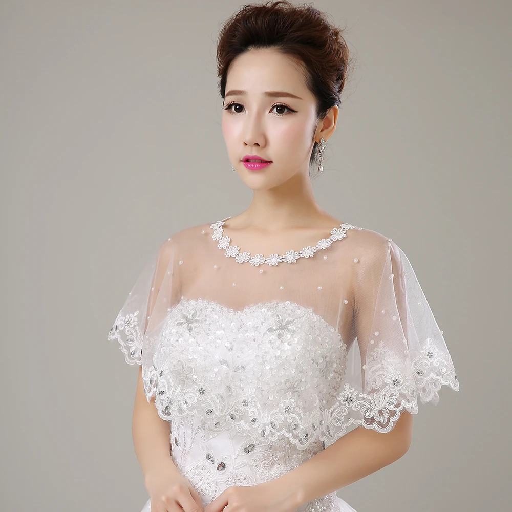 Elegant Rhinestone Simulated Pearls Wrap Applique Edge Summer Sheer Short Cape Wedding Bridal Cover Up Shawl Handmade Gifts