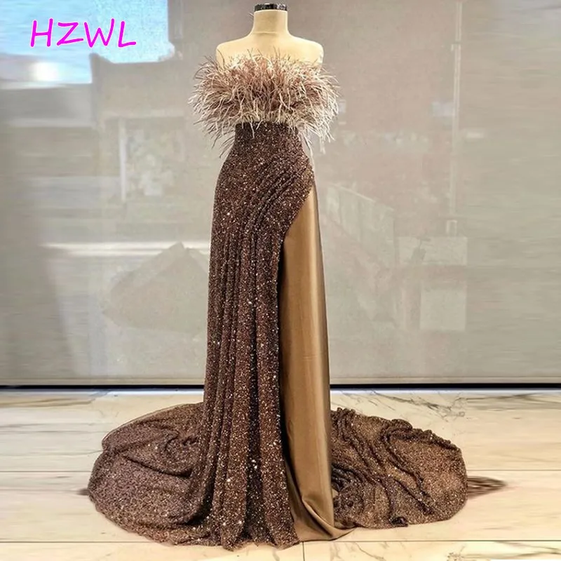 

Sexy Feather And Sequined Prom Dresses 2021 New Design Strapless Evening Gowns Sweep Train Robe De Soiree Custom Made