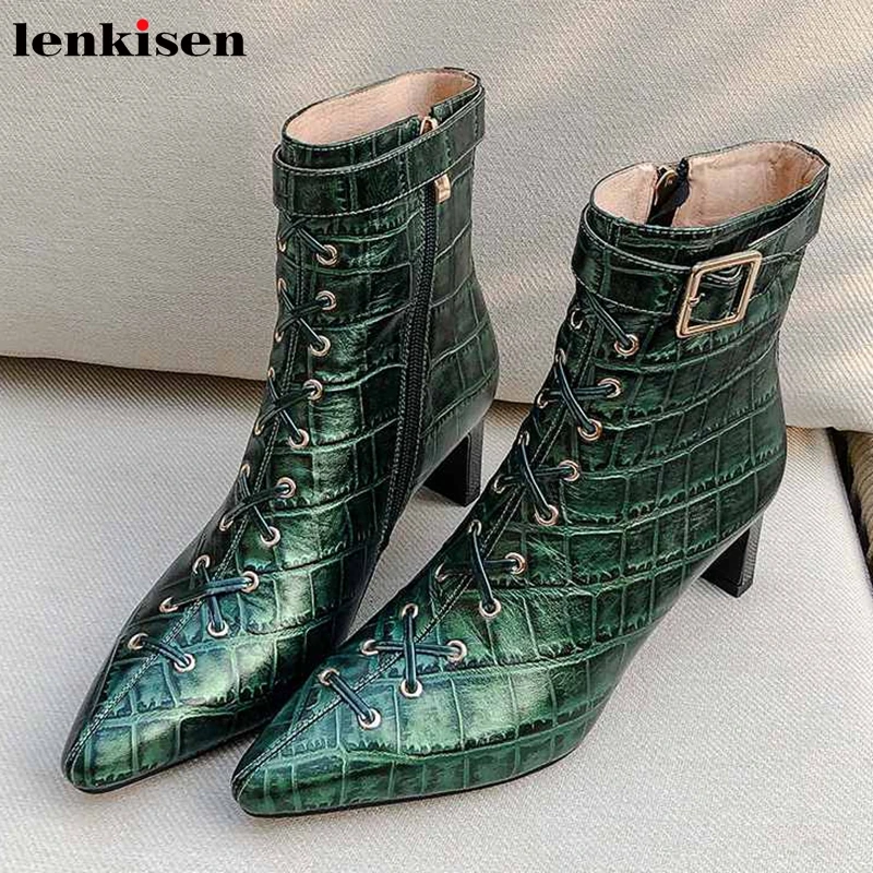 

Lenkisen noble mature women stone pattern cow leather pointed toe rivets lace up high heels winter belt buckle ankle boots L69