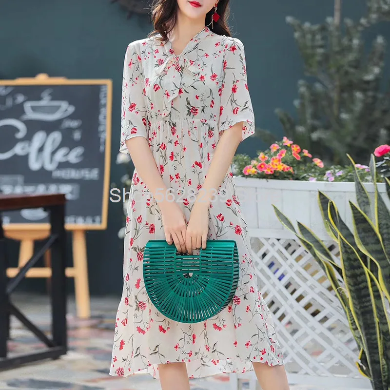 

2020 Summer V Collar Bow Middle Sleeve Crepe De Chine Silk Printing Floral Slim Medium Length Money Dress