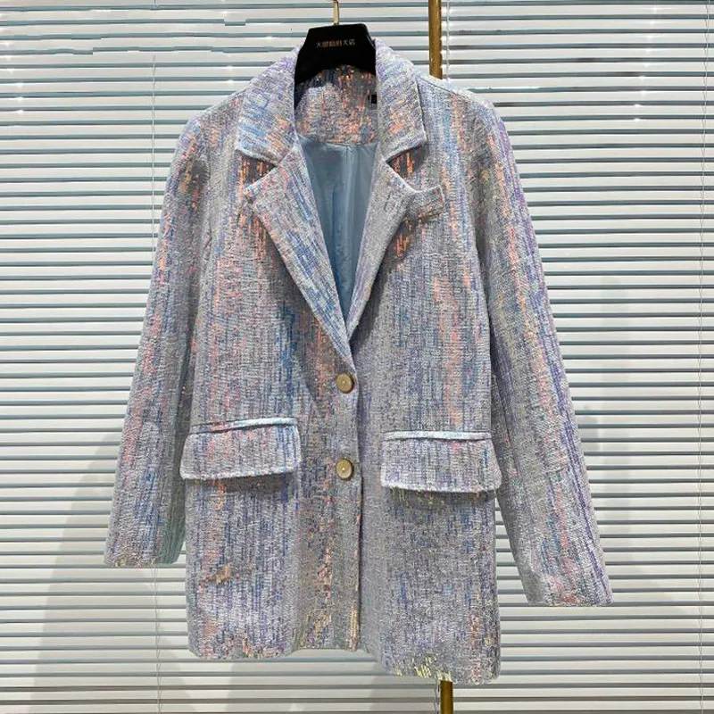 

2020 Autumn New Long Sleeve Suit Jacket Female Notched Collar Sequins Tweed Blazer Women Coat With Pockets Streetwear Outerwear