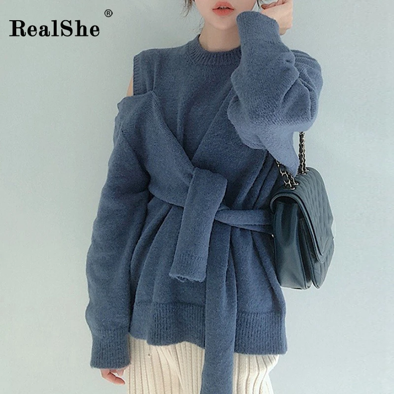 RealShe кашемировый женский свитер, круглый вырез, полный рукав, однотонный топ, свитера для женщин, весенние повседневные бандажные свитера для девушек