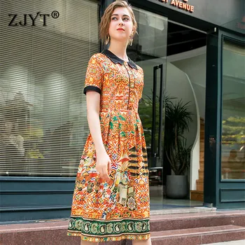 

2020 New Fashion Summer Runway Dress Women High Quality Elegant Beading Collar Short Sleeve Print Casual Vintage Dress