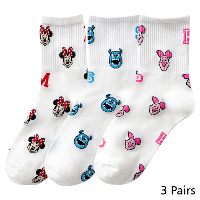 8 Pairs Disney Cartoon Socks Cute Mickey Minnie Daisy Donald Winnie Piglet Print White Funny Harajuku Fashion Kawaii Girl Sock HD021