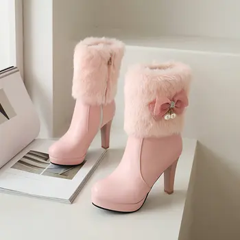 

Sweet bowties ladies ankle boots woman warm winter snow boots round toe high heels platform dress wedding shoes woman size 34-43