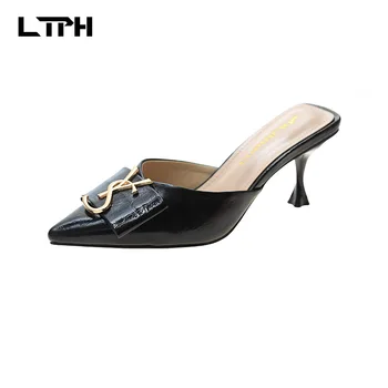 

free shipping2020 spring new half pack high-heeled sandals and slippers female pointed mirror women's shoes ins outer wear red