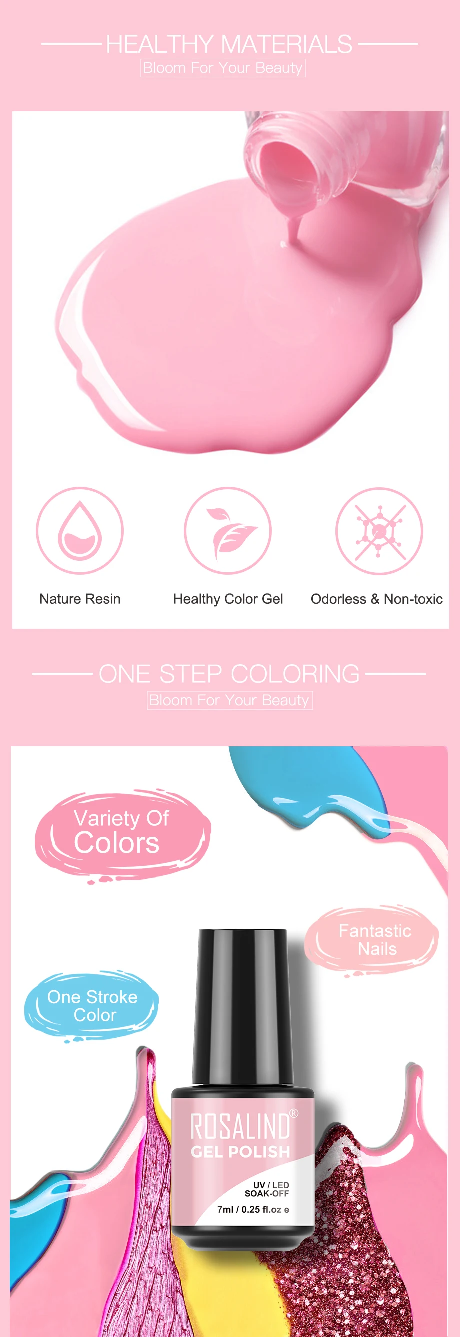 Description Picture 6 of itemROSALIND 7ML Nail Polish Glitter Nail Gel Semi Permanent Gel All For Manicure Soak off Nails Art Base Top Coat Varnishes