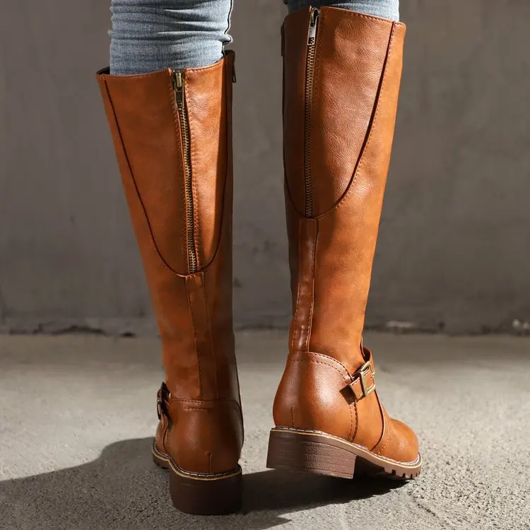 

Plus Large Size 41 42 43 Women Boots Pu Leather Waterproof High Top Solid Color Lady Boot Autumn Low Heel Round Head Back Zipper