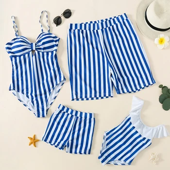 

2020 New Summer Family Swimsuits Blue Stripe One Shoulder Swimsuit Mom Daughter Matching Swimsuit Men Boys Beach Shorts