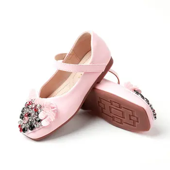 

2020 Girls Leather Shoes Autumn Flat Rhinestone Flowers Children Soft Bottom Princess Kids Shoes