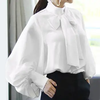 

White Elegant Women Blouse Fashion Solid Long Lantern Sleeve Blusas Casual Bow Loose Elegant Shirt