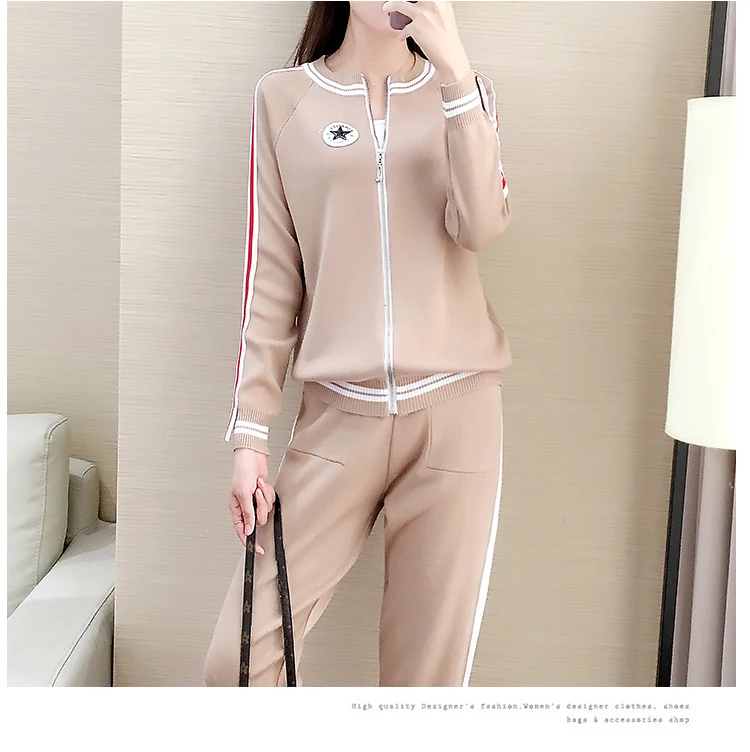 Autumn Winter New Pattern Women Fashion Round Collar Long Sleeves Loose Knitting Cardigan Top+Leisure Trousers motion Set