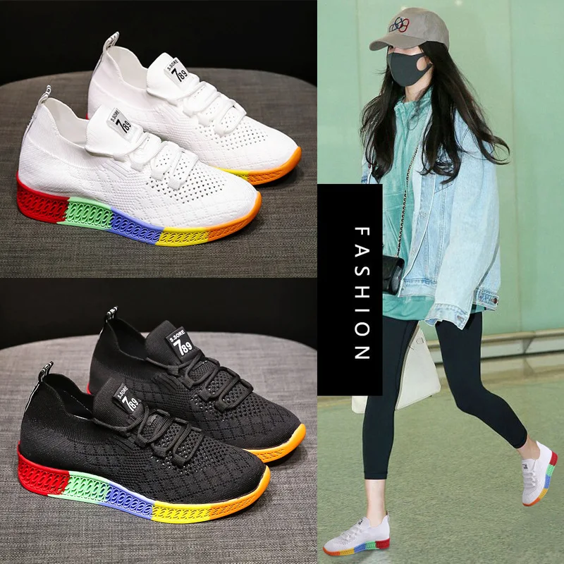 

2019 Fashion Rainbow New Style Versatile Single Shoes INS Sports Sole Knitted Rubber Casual Lace-up Dad Shoes Women's