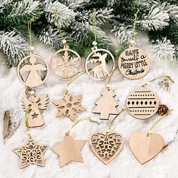 

12pcs/box Christmas Wooden Pendants Xmas Tree Hanging Ornaments DIY Wood Crafts For Home Christmas Party New Year Decorations