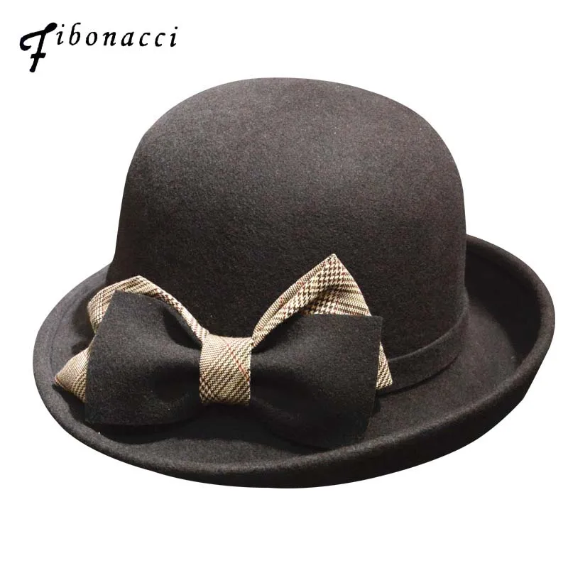 

Fibonacci Fashion Bow Tie Fedora Hat For Women Female Wool Bowler Felt Hat Irregular Brim Top Quality Church Fedora