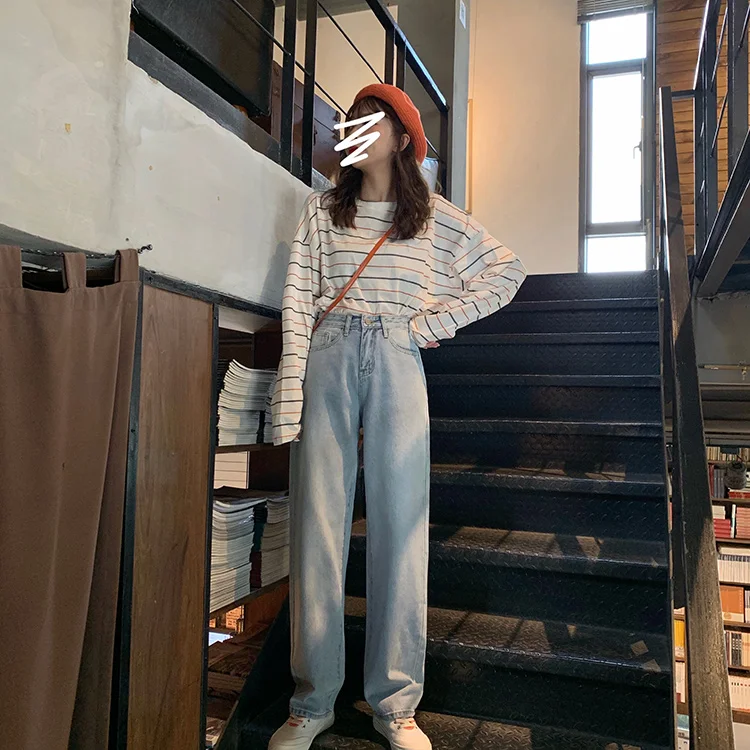 Повседневные свободные синие женские джинсы Harajuku, простые джинсовые брюки бойфренда, женские корейские модные джинсы с карманами и высокой талией, Mujer