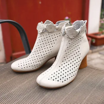 

Ethnic Style Leather Hollow High Heel Women Boots Ankle Hollow Out Summer Rome Female Sandals Breathable Handmade Shoes