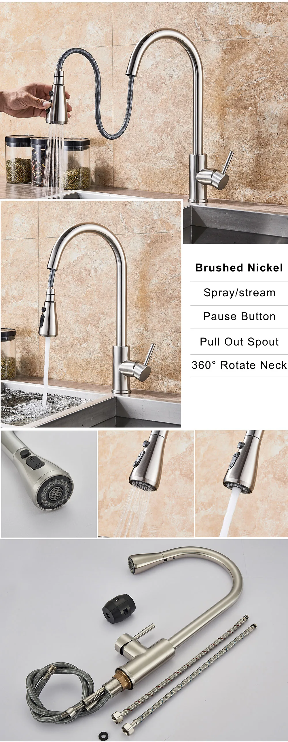 single bowl kitchen sink Rozin Brushed Nickel Kitchen Faucet Single Hole Pull Out Spout Kitchen Sink Mixer Tap Stream Sprayer Head Chrome/Black Mixer Tap outdoor kitchen sink