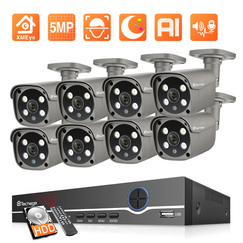Techage H.265 8 канальная система видеонаблюдения HD 5 Мп AI Smart POE IP камера наружная