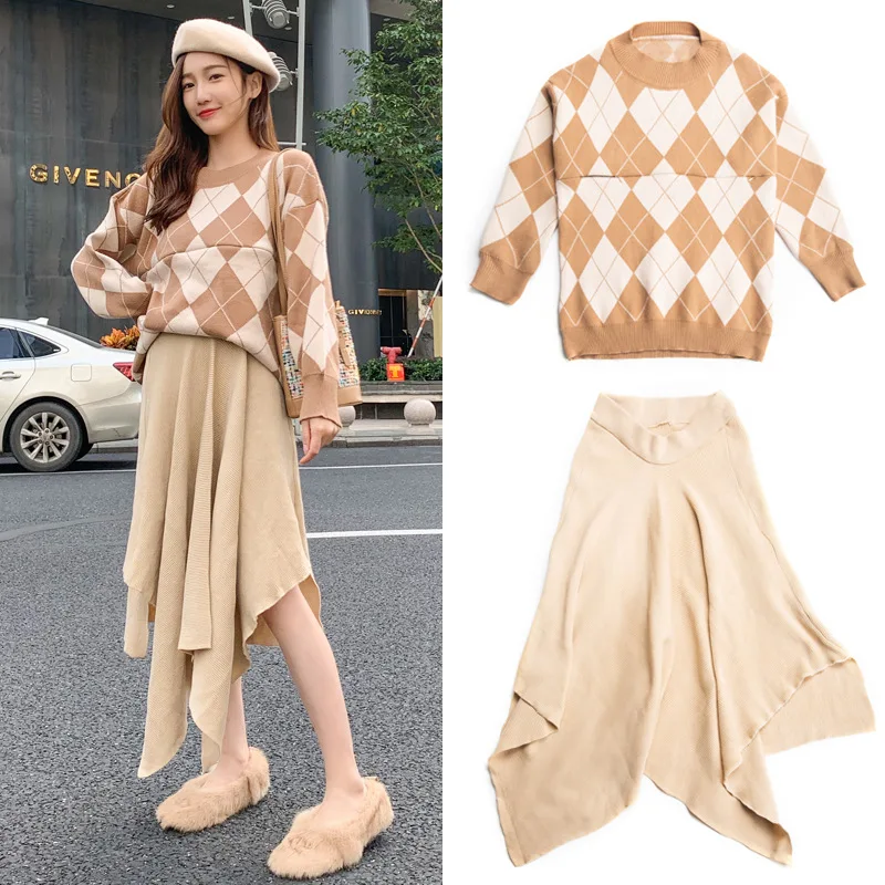 

Maternity Clothes Autumn And Winter Set-Style Fashion Mom Core-Spun Yarn Sweater Irregular Knitted Dress Two-Piece Set Fashion M