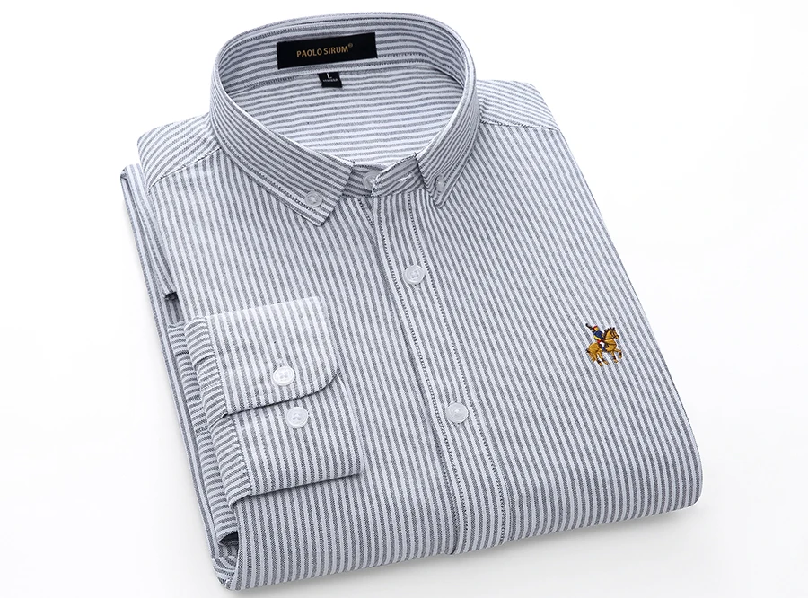 Casual Pure Cotton Oxford Striped Shirts For Men Long Sleeve Embroidery Logo Design Regular Fit Fashion Stylish mens short sleeve dress shirts