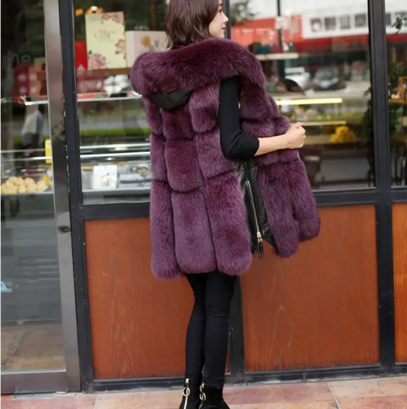 Зимняя благородная женская меховая куртка из искусственного лисьего меха, жилет, пальто, Модный меховой жилет с капюшоном, с боковой молнией, прошитая кожа, теплая верхняя одежда - Цвет: ered