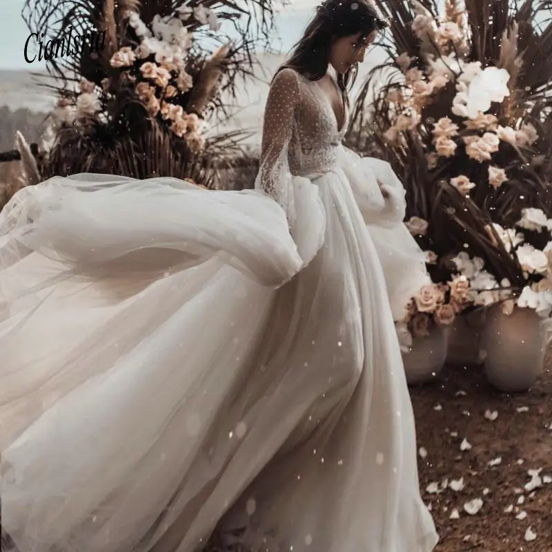 Винтажное пляжное свадебное платье трапециевидной формы с глубоким v-образным вырезом и длинными рукавами Бохо свадебное платье плюс размер наряд для официальных торжеств