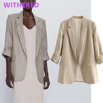 

Withered england office lady simple linen roll up sleeve blazer feminino blazer women blazer mujer 2020women blazers and jackets