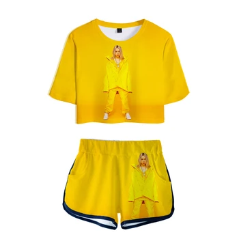 

Billie Eilish Two Piece Set O-Neck Crop Top Women Mini Short Pants Fashion Harajuku 3D Print Sports Suit Girl Dew Navel T-shirt