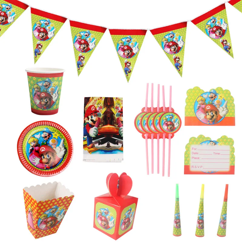 

Super Mario Cartoon Theme Tableware Set Paper Cups Plates Flags Banner Tablecloth Baby Shower Birthday Party Decoration Supplies